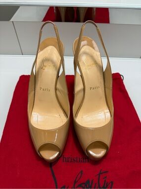 Christian Louboutin Tan Patent Leather Peep-Toe Slingbacks